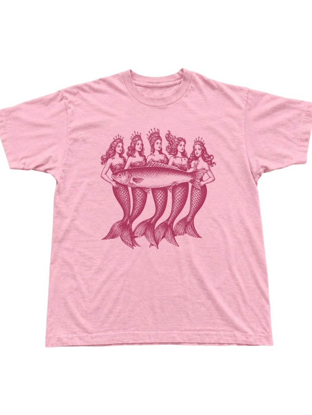 Pink Mermaid Quartet Graphic Tee Vintage Siren Fish Art T-Shirt